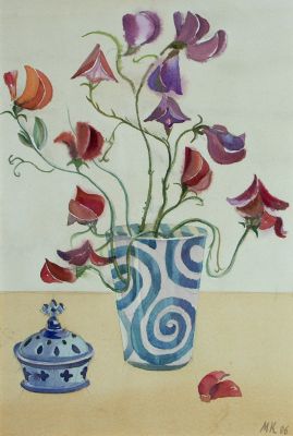 Sweet peas in a blue vase